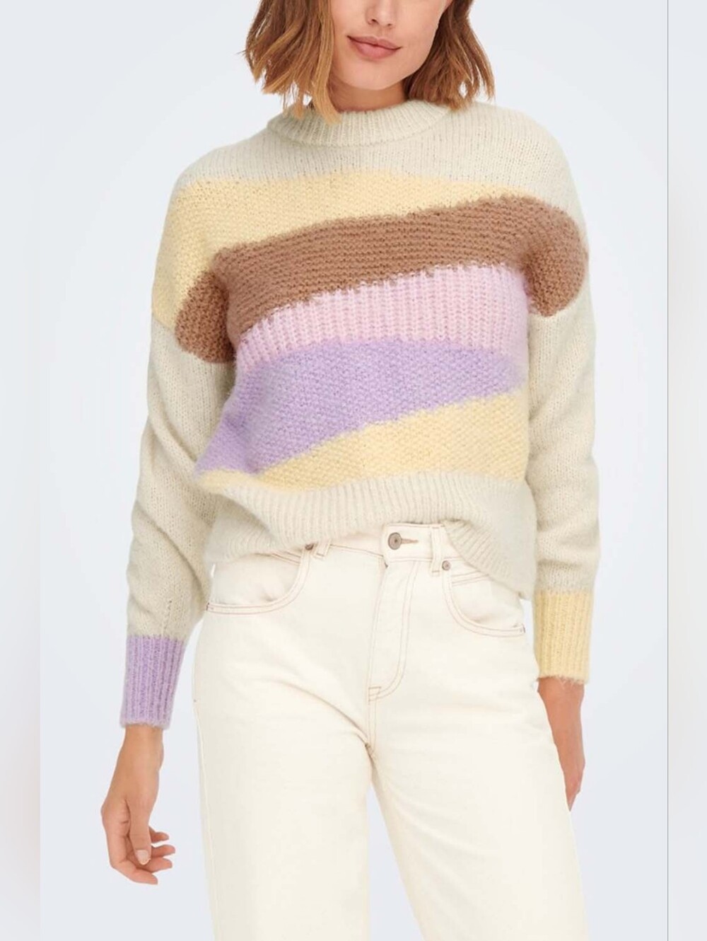ONLY Striped Pastel Cropped Knit Sweater - White/Yellow/Lilac/tan